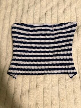 SHEIN Navy and White Striped Ribbed Tube Crop Top
